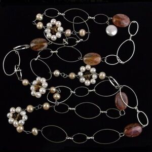 Vintage Designer Sterling Silver Agate Pearl Necklace 40"